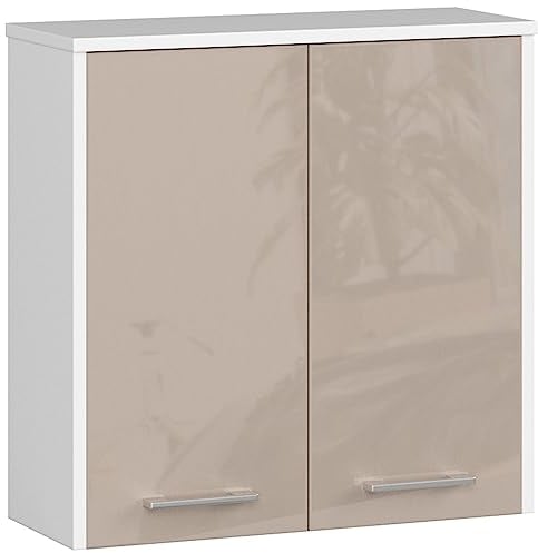 AKORD | Hängender Badezimmerschrank FIN W60 2D 2-türig | Hängeschränke Fürs Bad | Tür Links oder Rechtseitiger Montage | B60 x H60 x T22,5 cm | Gewicht 18 kg | weiß-Cappuccino glänzend