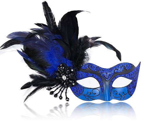 MYSEUNI 2025 Neue blaue und schwarze Maskerade-Maske für Damen mit Federn – venezianische Maske für Maskerade-Party, Karneval, Halloween, Cosplay, Abschlussball, Weihnachten