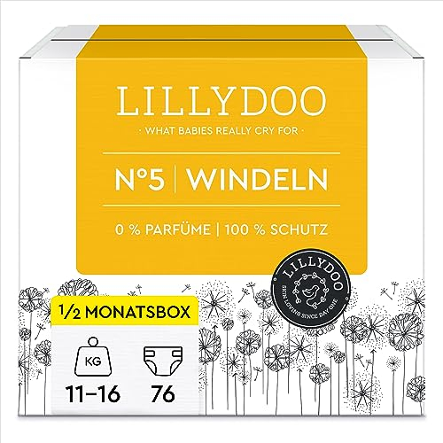 LILLYDOO hautfreundliche Baby Windeln - Größe 5 (11-16 kg),Halbmonatsbox (76 Stück), Sicherer Auslaufschutz, Weich, Ohne Parfüme & Lotionen für empfindliche Haut, Dermatologisch getestet