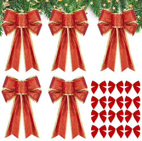 MELLIEX 5 Stück Groß Weihnachtsschleifen, Rot Glitzer Weihnachten Schleife mit 12 Stück Mini Bogen Schleifen für Weihnachtsbaumschmuck Weihnachtskranzdeko