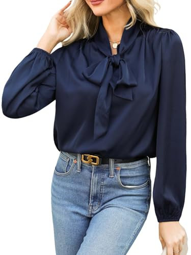 CUPSHE Satin Shirt Top for Women Bow Tie Long Sleeve Shiny High Neck Work Casual Blouses Navy Blue XL