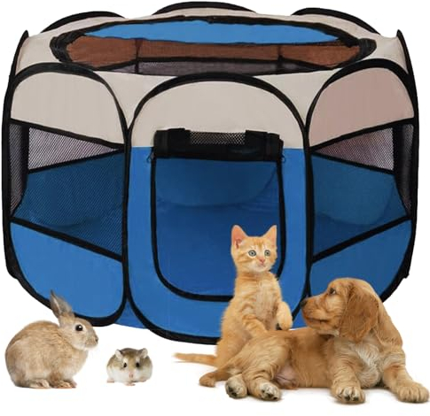 Welpenlaufstall 74x74x43cm, Faltbar Hundelaufstall für Wohnung, BRIMOREA Katzengehege, Kaninchengehege innen,für Laufstall Hund, Katzen, Hasen und Kleintiere sowohl drinnen als auch draußen(Blau)