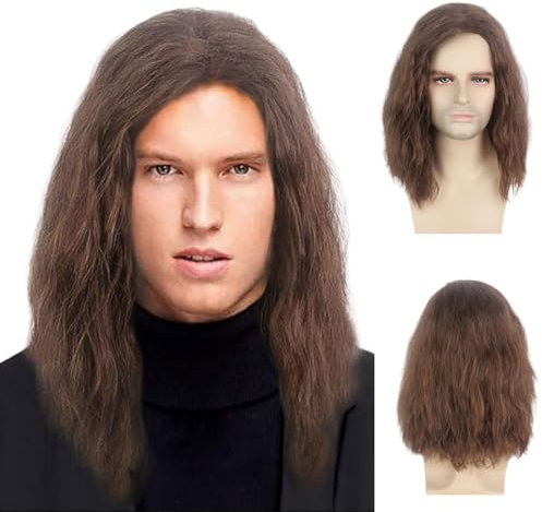 TSHAOUN Lange Braune Perücke für Herren Männer Perücken Lange Lockige Welle Geschichtetes Haar, Erwachsene und Herren Kostüm Hippie Rockstar Perücke für Halloween Cosplay Täglich Perücke (Braune)