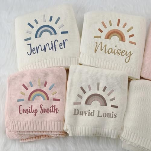 ZXH Individuelle Babydecken, personalisierter Name, bestickt, Geschenk für Neugeborene, weich, atmungsaktiv, Baumwollstrick, Regenbogen-Babydecke, individuelles Geschenk