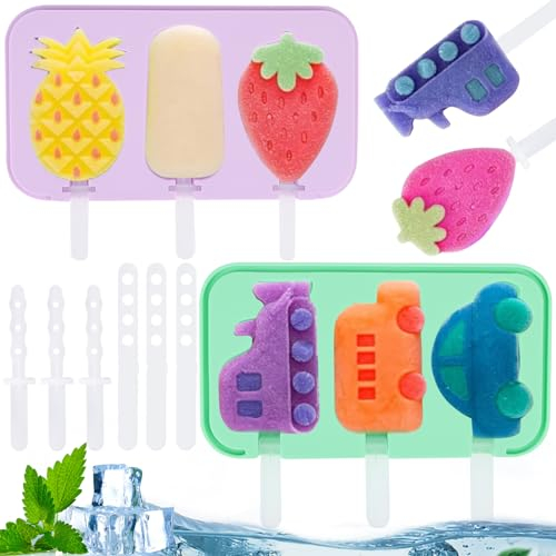 RUNEAY Eisformen Eis Am Stiel 2 Stück, Eisformen Silikon, Silikonform Eis Am Stiel mit Deckel, Eisformen Kinder DIY Kreative Eis Formen BPA Frei Kinder Popsicle Formen (Früchte+Fahrzeug)