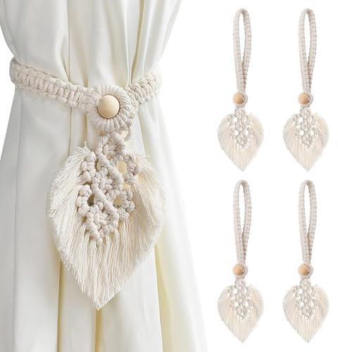 ANBOWEI Boho Curtain Tiebacks, 4pcs Hand Knitting Rope Tie Backs for Curtains, Curtain Holdbacks Rope with Leaf Shape Tassel, Cotton Curtain Holder for Decor Bedroom,Shower,Living Room - Beige