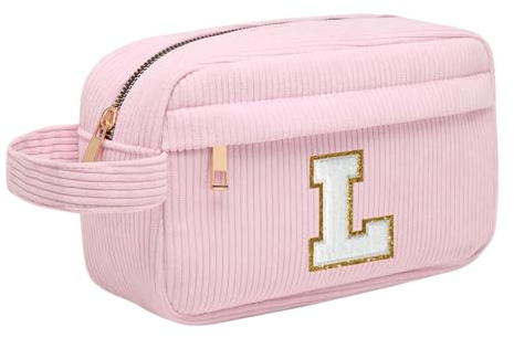 Personalisierte Initialen Make-up-Tasche, Cord-Kosmetiktasche Reise Kulturbeutel mit MetallReißverschluss Tragbare Schminktasche Damen, Weihnachts Geburtstagsgeschenk für Frau Mädchen Rosa L