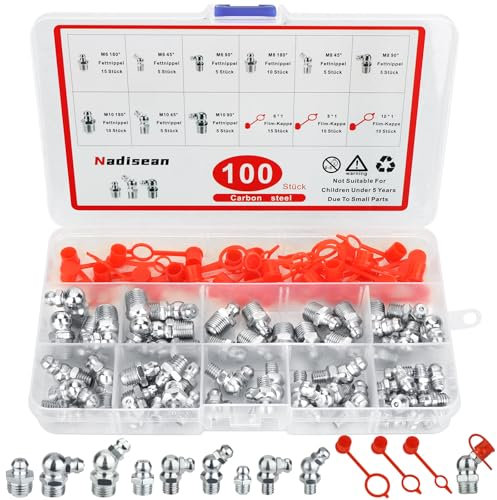 Nadisean 100 Pièce Graisseur m6 m8 m10, Nickelé Filetage Mâle Graisseurs 45°90°180°, Assortiment de Graisseurs avec Couvercle & Boîte en Plastique, Raccords de Graisse pour Équipement Mécanique