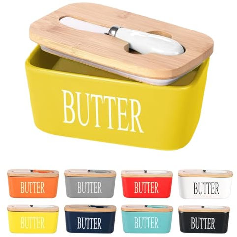 Beurrier en porcelaine de taille européenne avec couvercle en bois, récipient à beurre avec joint en silicone de haute qualité, parfait pour le beurre, les noix, le fromage, 650 ml (jaune)