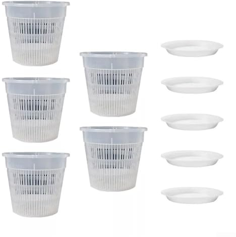 WIIYENA Lot de 5 pots à orchidée transparents - 16 x 14 cm, 19 x 16 cm - Avec soucoupes - En plastique transparent - Avec trous - 16 cm
