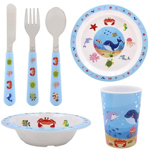 Kindergeschirr aus Melamin, Motiv: Meereslebewesen (Teller, Schüssel, Tasse, Besteckset)