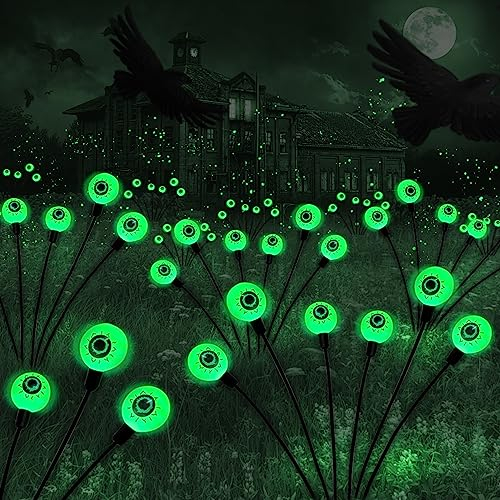 Solarlampen Halloween Deko Outdoor, 2 Stück 12 LED Augapfel Gartenlichter Halloween Lichter, IP65 Wasserdicht, Halloween-Dekor für Garten/Hof/Terrasse/Rasen/Weg