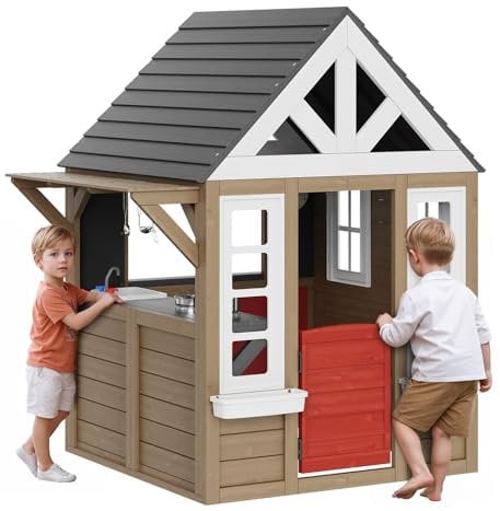 VEVOR Maisonnette Enfants Extérieur en Bois, Cabine de Jardin pour Enfants, Maison de Jeux avec Porte, Fenêtre, Support de Pot de Fleurs, Gril, Cuisinière et Évier Fonctionnelle, pour Arrière-Cour