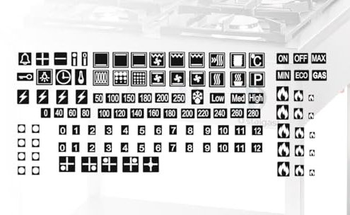 Juego de pegatinas de icono de estufa como identificación, símbolo adhesivo para cocina eléctrica y estufa de gas (RPM2/5) (caracteres blancos sobre fondo negro)