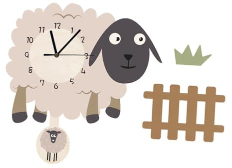 Cabilock Wanduhr mit Schafmotiv Kunststoff Leises Pendel für Kinderzimmer Dekorative Cartoon Hängeuhr