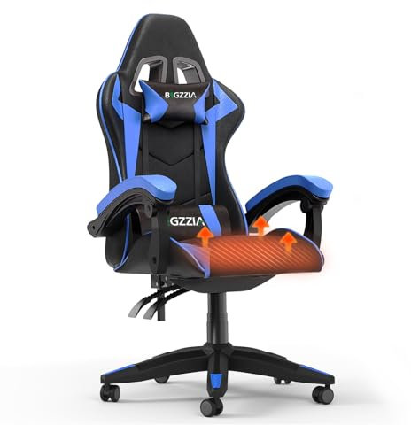 Ergonomic Gaming Chair with Adjustable Height, Reclining Feature, Headrest, and Lumbar Support for Adults (Heated, Blue)