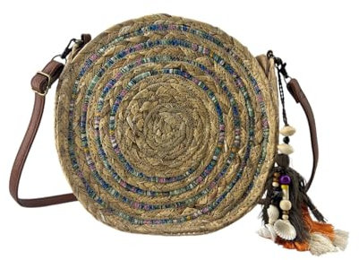 MODELISA - Bolso De Hombro Redondo De Paja Rafia Con Detalles Multicolores Mujer (Azul)