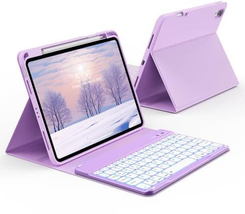 KVTVOU Keyboard Case for iPad 11th Generation A16 2025 / iPad 10th Generation 2022 10.9 Inch, Protective Case with Pencil Holder, 7 Colors Backlit Buletooth Keyboard QWERTY UK Layout, Purple