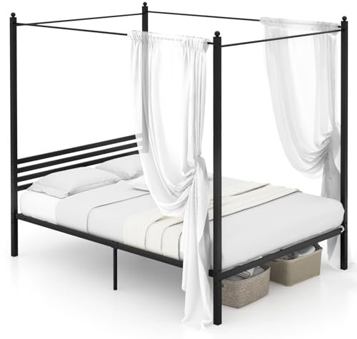 Multigot Canopy Bed Frame, Heavy-duty Double Platform Bed with Slatted Headboard and Under-Bed Storage, Metal Slat Support Bedstead Mattress Foundation for Adults Kids, No Box Spring Needed