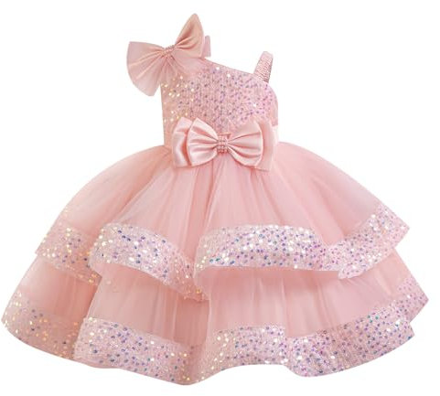 IDOPIP Enfant Fille Robe De Soirée Sequins Bowknots Tulle sans Manches Anniversaire Noeud Papillon Robe pour La Fête Rose pâle 110cm