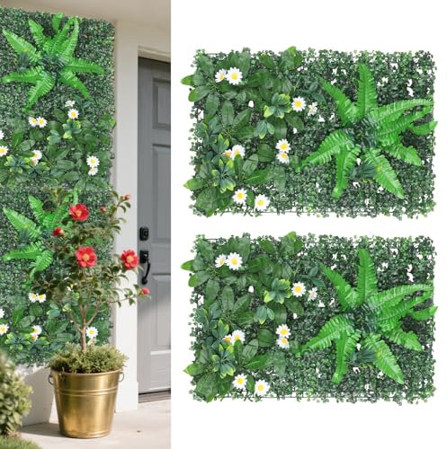 2 paneles de pared de color verde artificial, para pared, plantas artificiales con flores, pared verde simulada, apto para interiores, exteriores, pared, balcón, jardín, decoración de fondo de boda