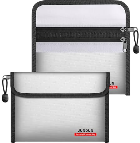 JUNDUN 2er-Pack 12-lagige feuerfeste Tasche, 21,5×15cm, 6400°F | Kleine Feuerfeste Geldtasche mit doppeltem Reißverschlussfach, sicherer Schutz für Bargeld, Reisepass, Quittung,Silber