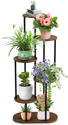 Portapiante 6 ripiani, scaffale portafiori angolare salvaspazio in metallo e legno, alto 106 cm, supporto stabile per piante da interno, soggiorno, balcone e piccoli spazi