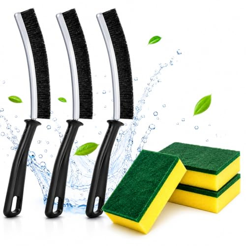 Velzora 3 Cepillos Limpieza Hogar Juntas, Cepillo Cerdas Duras para Limpieza de Baño para Eliminar Suciedad Profunda en Azulejos, Cocinas y Duchas, Ideal para Ranuras y Esquinas + 3 Esponjas
