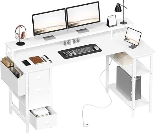Yaheetech Scrivania Angolare con Cassetti, 140×68 cm, Scrivania ad Angolo Reversibile con Prese di Corrente e Porta USB, Scrivania Salvaspazio a L con Scaffali Portaoggetti Tavolo, Bianco | Scrivania ad Angolo Reversibile con Prese di Corrente, Scrivania a L con Supporto per Monitor, Bianco