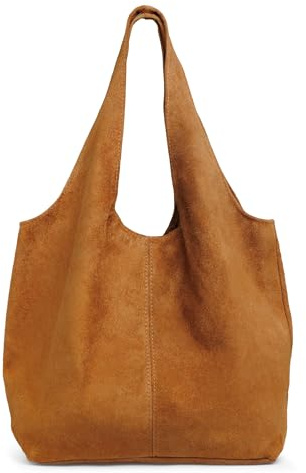 Caspar große Wildleder Hobo Bag Leder Shopper Damen Tasche aus samtweichem Veloursleder - PREMIUM LINE - Modell No.840 - Made in Italy, Farbe:cognac