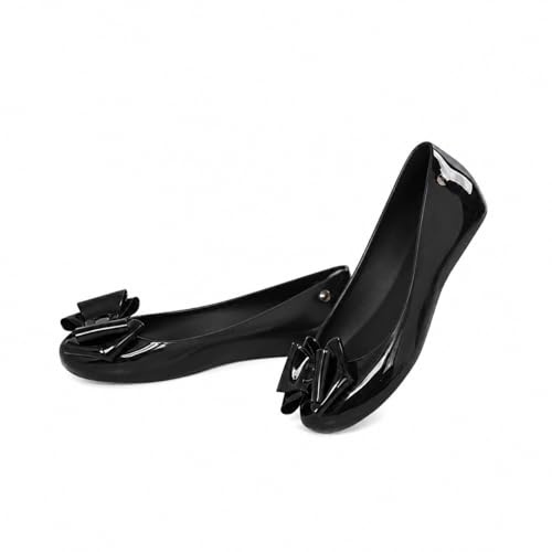 Gizelle Womens Black Jelly Flat Shoes with Bow - Ladies Comfy Slip-On Casual Wear Every-Day Jelly Ballet Shoes Ballerina Pumps 2-8 UK