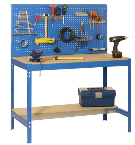 Simon Rack Banco de Trabajo Taller, Capacidad Carga 400 kg, 1445x910x610 mm, Mesa de Trabajo, Azul/Madera - BT2