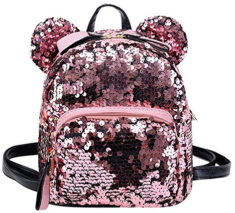Mini Zaino con Paillettes Shining Zaino da Viaggio delle Orecchie dell'orso Borsa da Scuola per Ragazze (Rosa)