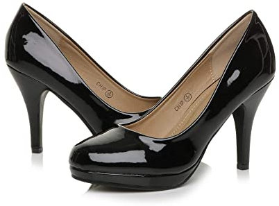 AJVANI high mid Heel Smart Work Evening Party Platform Court Shoes Pumps Size 6 39 Black Patent