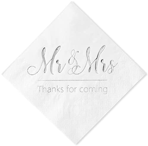 Crisky Hochzeitsservietten Mr Mrs Silber Cocktail Getränke Dessert Servietten für Tischdekoration Verlobung Party Supplies, 100 Stück, 3-lagig