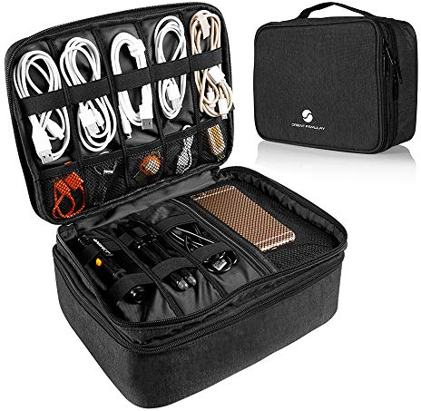 Reise-Elektronik-Organizer, wasserdichte Kabel-Organizer-Tasche für elektronisches Zubehör, doppellagig, groß, stoßfest, Powerbank, Tablet (bis zu iPad 11 Zoll) – Schwarz