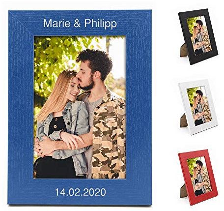 Bilderrahmen mit Gravur aus Holz - Fotorahmen mit individuellen Namen personalisiert - 10x15cm (Blau)