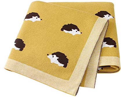 Babydecke Junge Mädchen Baumwolle Strickdecke mit Cartoon Igel Muster, Surwin Multifunktion Winter Kuscheldecke Baby Decke für Kinderwagen Babyschale (Gelb,100x80cm)