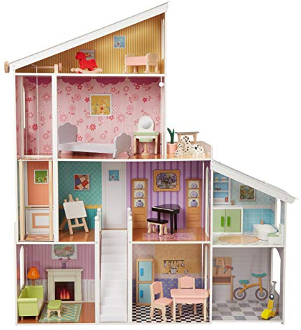 Amazon Basics Maison de poupée en bois 4 étages avec meubles pour poupées de 30.48 cm