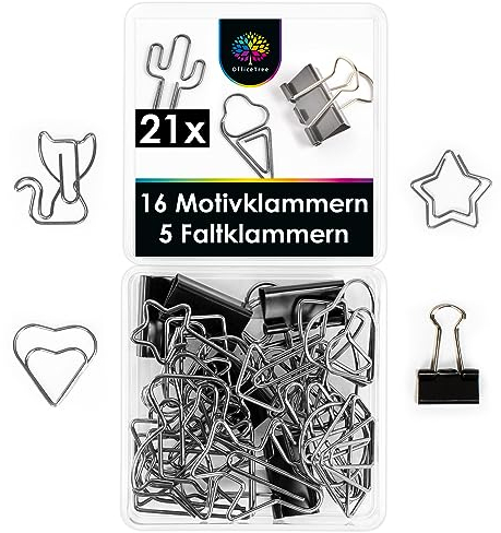 OfficeTree 16 x Büroklammern Motiv - Lustige Büroklammern Set inklusive 5 Foldback Klammern Klein - Binder Clips - Schreibtisch Büroklammern Deko in praktischer Aufbewahrungsbox (Schwarz)