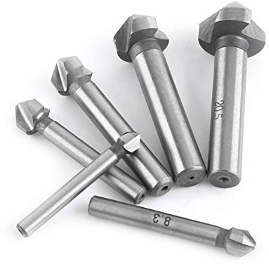 Jeanoko 6 Pièces en Acier Haute Vitesse Tige Ronde 3 Cannelures Fraise Fraise Bits HSS Chanfreinage Fraise en Bout Outil de Chanfreinage Fraise à Chanfreiner pour Panneau en Aluminium/Bois