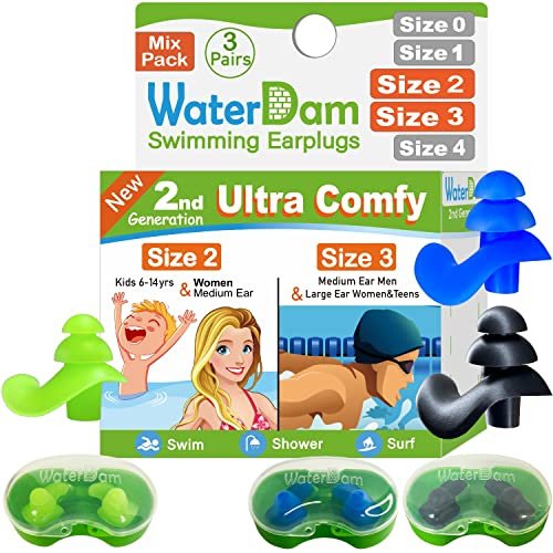 WaterDam Swimming Earplugs Great Waterproof Ultra Comfy Earplugs Prevent Swimmersear(Size 2+3+3: Small Ear Men (Green) & Large Ear Teens Women (Blue Black))