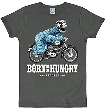 Logoshirt® Sesamstrasse I Krümelmonster I Motorrad I Born to Be Hungry I T-Shirt Print I Damen & Herren I kurzärmlig I dunkelgrau I Lizenziertes Originaldesign I Größe XXL