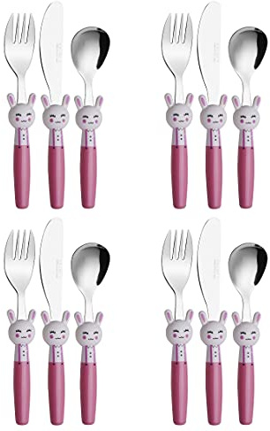 EXZACT 12pcs Children’s Cutlery Set Stainless Steel 24m+ Rabbit | BPA Free Dishwasher Safe Easy Grip Animal Handles Child Friendly Mealtimes At Home Nursery Travel And Gifting