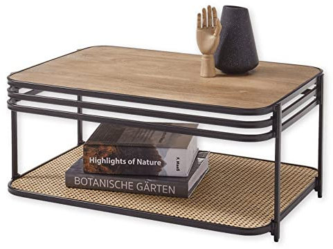 BOMI Couchtisch Massivholz Mango - Hochwertiger Sofatisch mit Ablage aus Wiener Geflecht und schwarzem Metallgestell - 92 x 40 x 60 cm (B/H/T)