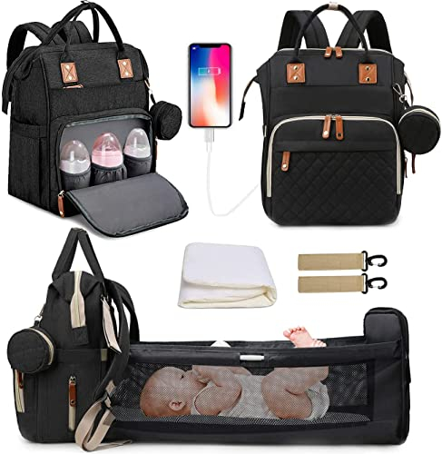 Fexkean Baby-Wickelrucksack, Mumien-Schultertasche für Reisen, Einkaufen, Camping, mit Bett, Unisex für Jungen und Mädchen, Schwarz