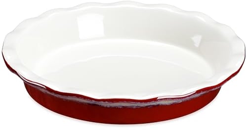 LOVECASA Fuente de Horno Redonda de Cerámica Molde Tarta Pan para Pasteles, Tartas, Cazuelas, Color Rojo Gris