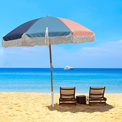 JJ Home Bunter Sonnenschirm mit Vintage-Fransen,Sonnenschutz für den Garten,Tragbarer Reise-Strandschirm, Marktschirm, UV-Schutz, Neigbar
