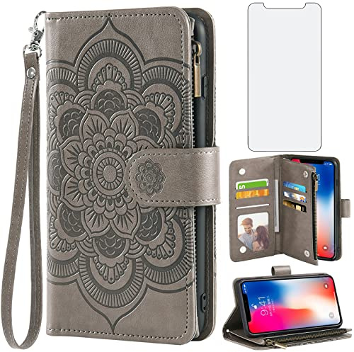Asuwish Handyhülle für iPhone XS/X Hülle mit Folie Schutzfolie Kartenfach Klappbar Leder Blumen Geldbörse Ständer iPhone10Hülle i 10 10s 10x 10xs Handy Hüllen Schutzhülle Wallet Cover Phone Case Grau