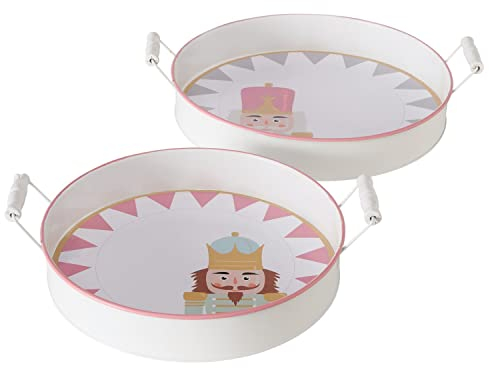 Boltze 2tlg Set Tablett Archie rund I Ø35cm & Ø41cm I mit Griffen I Metall mit Nussknacker-Dekor grau & rosa I Servier-Tablett, Schale, Deko-Teller für Esstisch, Wohnzimmer, Drinnen & Draußen
